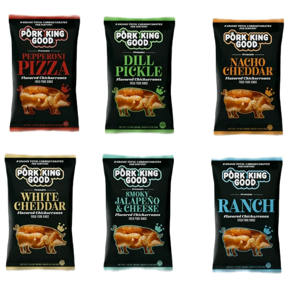 Pork King 4-Pack Assortment - Pepperoni Pizza, Dill Pickles, Nacho Cheddar, White Cheddar, Smoky Jalapeno & Cheese, Ranch Flavors