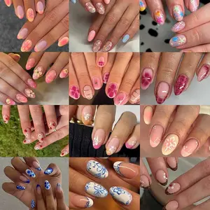 Flower Nail Art Set 288 Pieces (12 Mixed Designs), Short Oval Shape, Cute Bee & Beetle Design, French Acrylic Press-On Nails, Summer Manicure