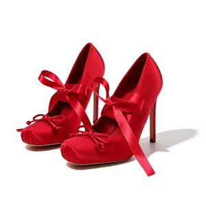 Satin High Heels for Women Square Toe Pumps with Oversized Bow & Ankle Ribbon Tie Elegant Stiletto Heel Cute Toe Bow Detail Satin Material Fashion Statement Footwear for Parties Special Occasions