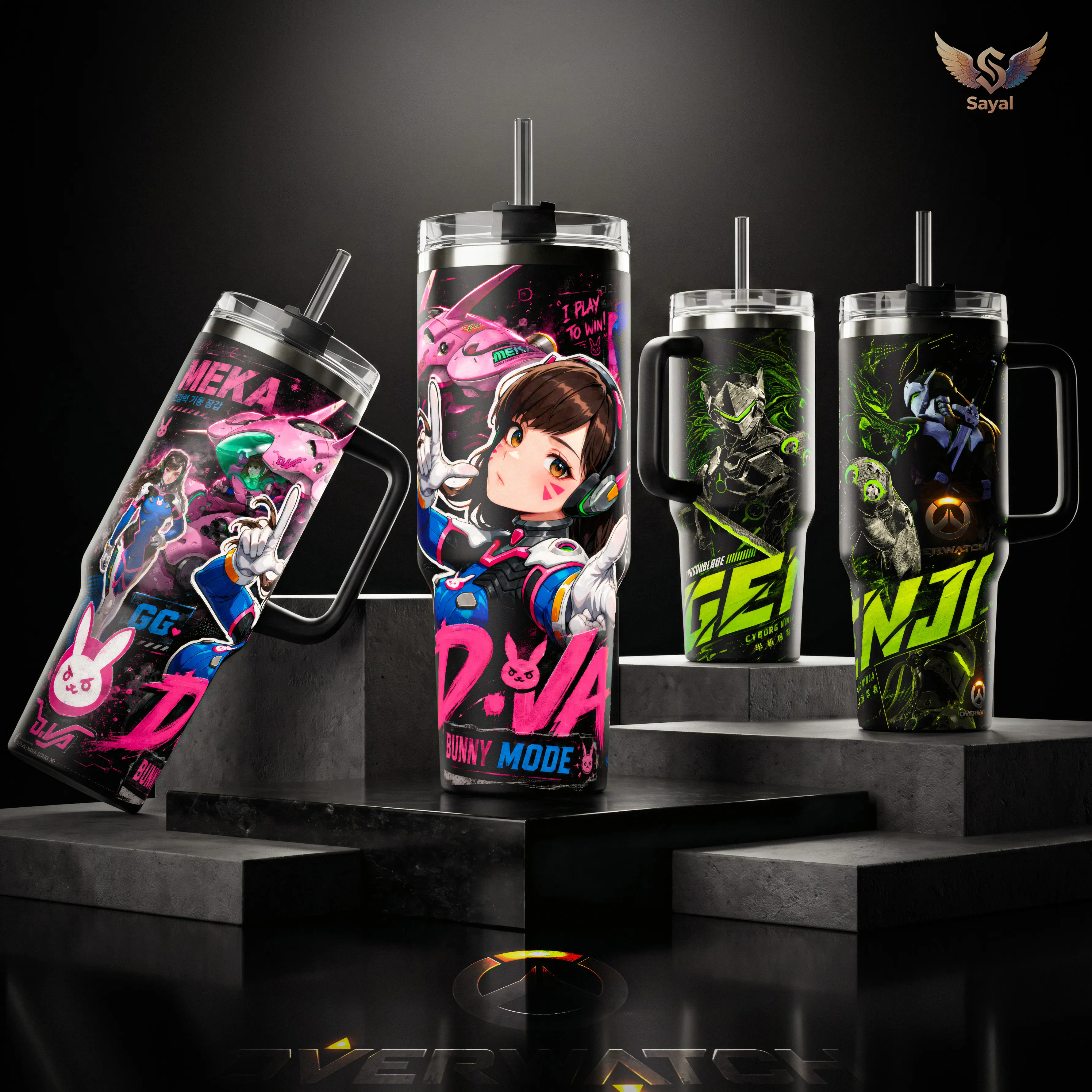 Genji D.VA OW2 Cyborg Ninja Mecha Tank 40 20 oz Insulated Tumbler Stainless Steel With Handle Straw Keeps Drinks Hot Cold Green Neon Gaming Merch For Fans Leakproof Mug Portable