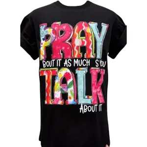 Pray About It As Much As You Talk About It Colorful Christian Graphic T-Shirt, Women Crew Neck Cotton Short Sleeve Top, Oversized Comfort Faith Outfit, Cute Religious Fashion Tee, Perfect Valentine’s Day & Holiday Gift For Believers