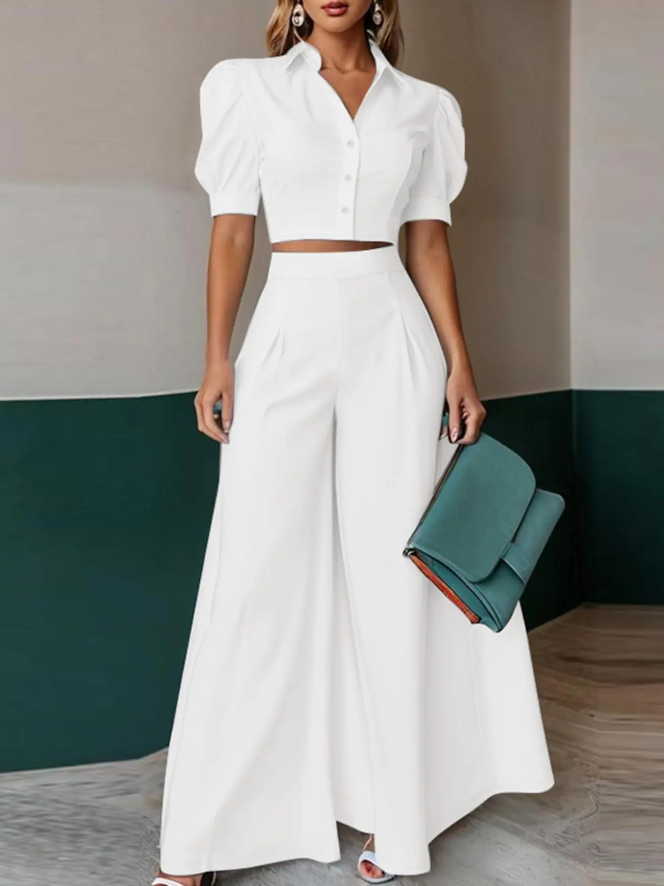 ZANZEA Women's Clothes Plain Color Basic Commuter Street Fashion Short Sleeve Bubble Hem Blouse Shirt Top + Wide Leg High Waist Pants Set, Two-Piece