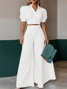 ZANZEA Women's Plain Color Commuter Street Fashion Short Sleeve Bubble Hem Blouse Shirt Top + Wide Leg Pants Set, Two-Piece