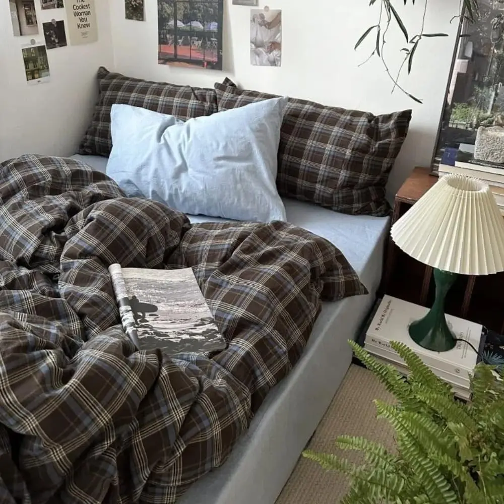 Plaid Duvet Cover Set Full Size,Brown Blue Gingham Patterned Bedding Set for Girls Boys,Modern Soft Breathable Microfiber Comforter Cover 3 Pieces with Zipper Closure and 2 Pillow Shams