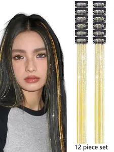 Hair Tinsel Kit 12Piece Glitter Clip in Hair Extensions 20 Inch Shiny Strands for Party Fairy Hairstyles Perfect Hair Accessories for Women Girls Kids Halloween Christmas Use for Holidays and Daily Wear.Gold. Silver. Blue. Purple Synthetic Hairpieces
