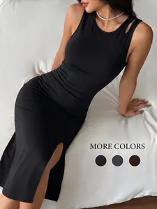 Woman Chic Side Slit Fitted Long Sleeveless Soft Stretch Bodycon Maxi Dress Slim Fit Summer Casual Outdoor Daily Wear Sportswear