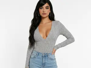 warm deep v-neck  long sleeve body suit