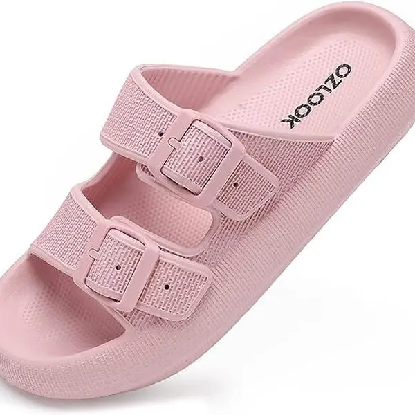 Women's Solid Double Strap Slide Sandals - Pillow Cushioned Thick-Sole Adjustable Straps, Indoor All-Seasons Home Slippers, Shoes for Women with Unisex Family Fit