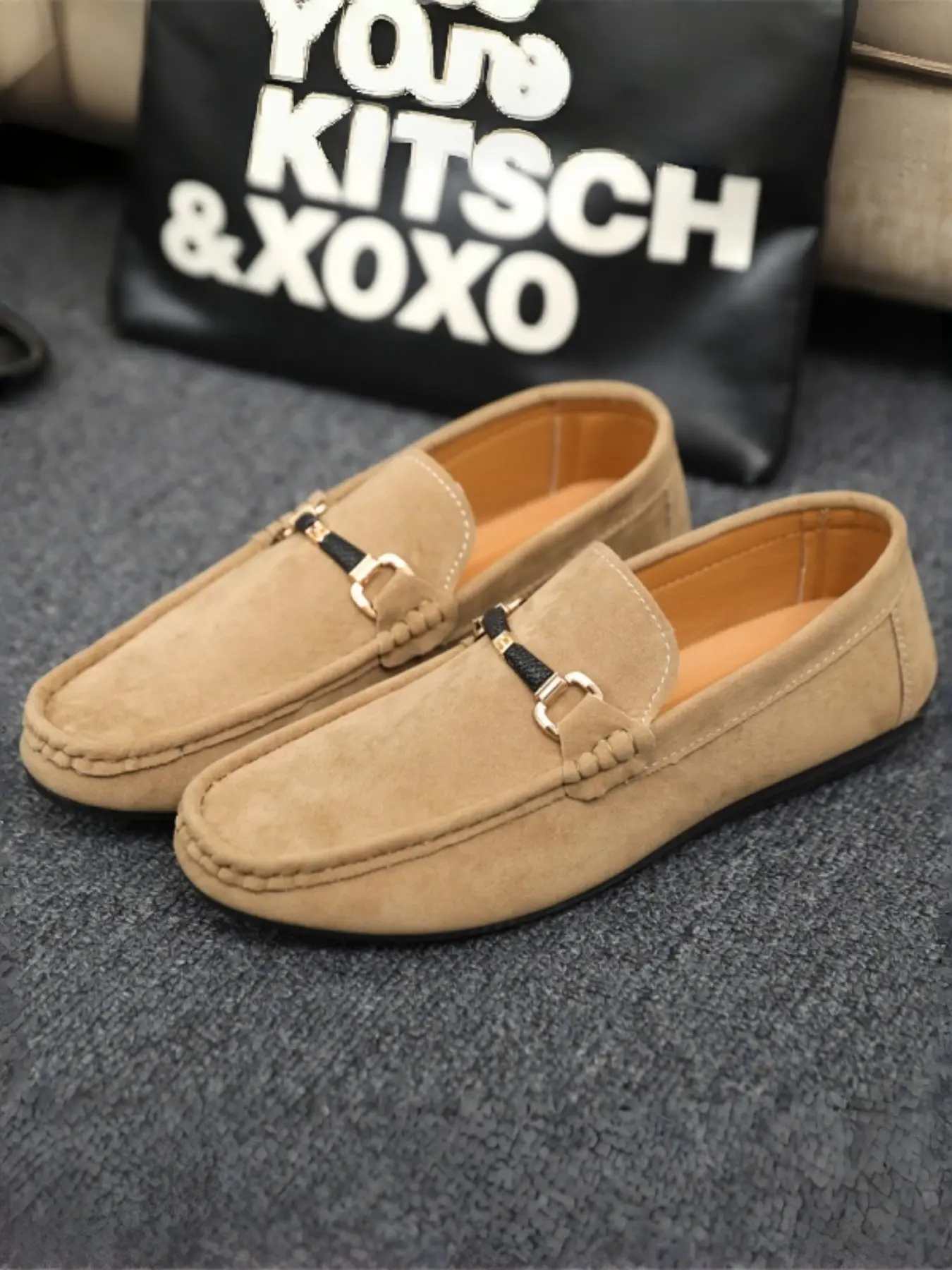 Men's Velvet Buckle Loafers Closed Shoes, Daily Commute & Light Business Wear, Casual Work Shoes, Velvet Texture + Vintage Buckle Design, Comfortable & Stylish Shoes
