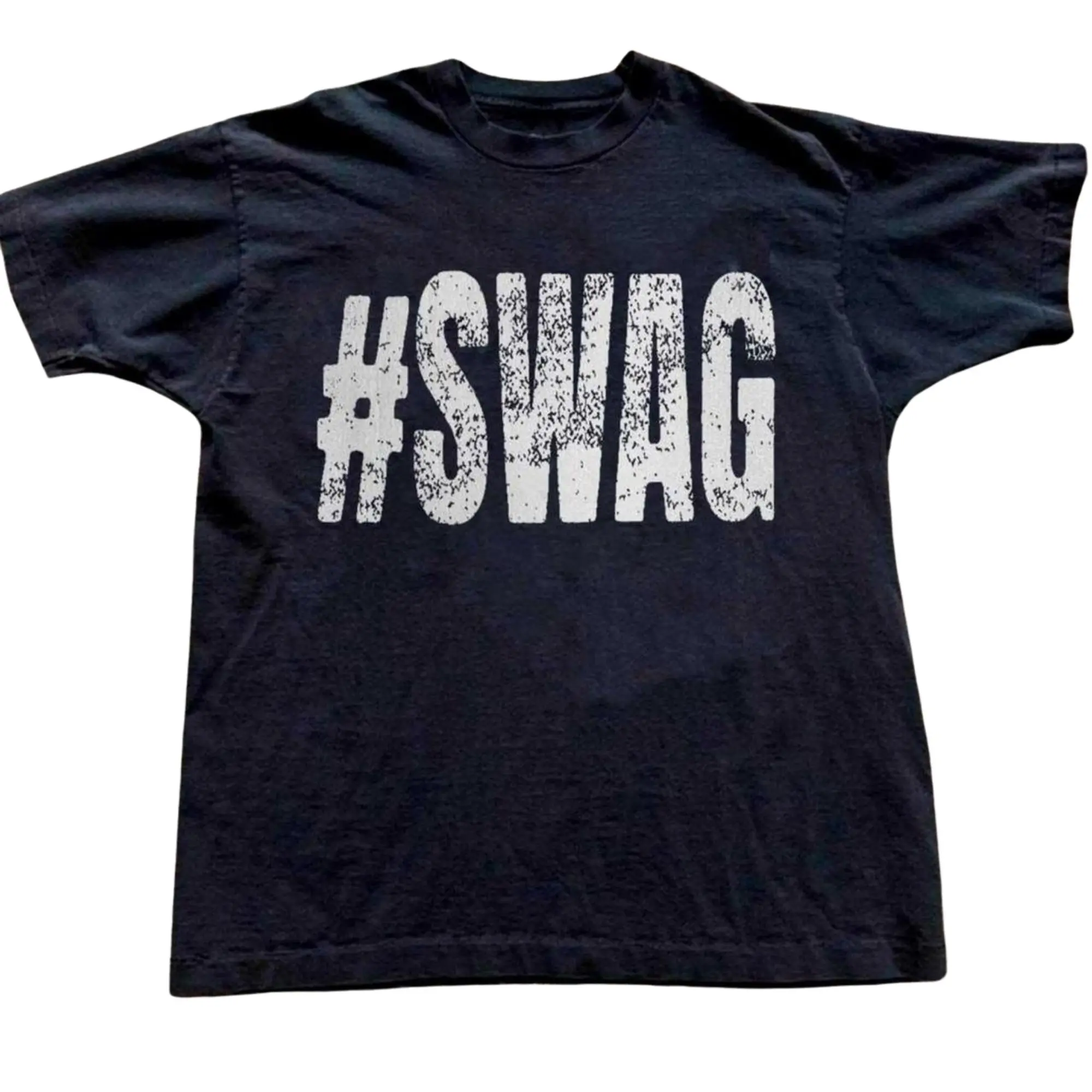 Retro SWAG Hashtag Typographic Graphic T-Shirt, Distressed Bold White Textured Stencil Block Lettering Print, Unisex Faded Black Streetwear Tee, Nostalgic Y2K Urban Hip Hop Outfit