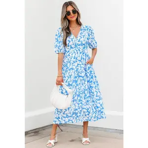 Floral V-Neck Puff Sleeve Flowy Maxi Dress