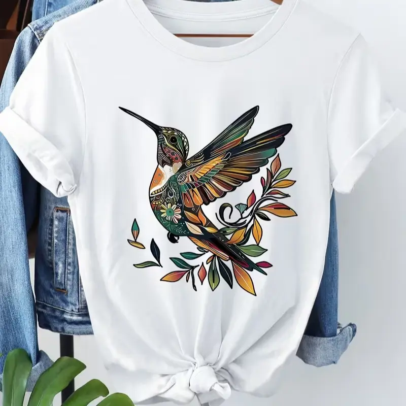 Women's Short Sleeve Tops - Casual Unisex Slim Fitted Summer T-Shirt with Hummingbird and Leaf Graphic Print, Inspirational Msg, Round Neck Decorative Style, Soft Cotton