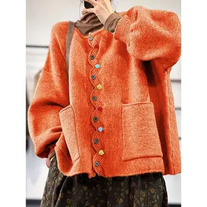 Women's Size Knitted Cardigan Sweater Coat with Colorful Buttons, Round Neck, Loose Fit,