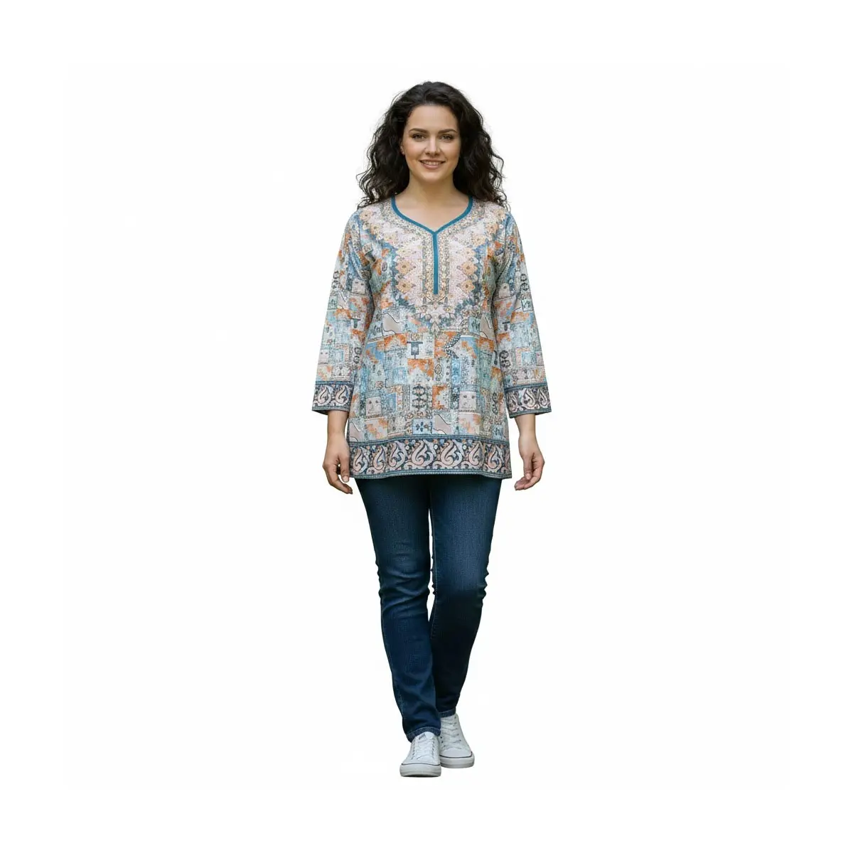 Peach & Blue Printed Kurti Top V-Neck 3/4 Sleeve Top-57 XL & Large Autumn Casual Wear