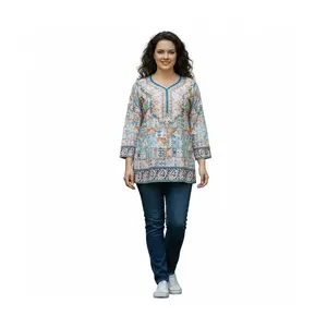Peach & Blue Printed Kurti Top V-Neck 3/4 Sleeve Top-57 XL & Large Autumn Casual Wear