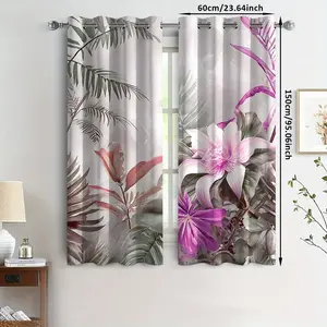 2-piece set of tropical floral leaf printed curtains -3D digital printing, semi transparent polyester fabric, translucent, suitable for living rooms, bedrooms, balconies or study rooms, living room curtains