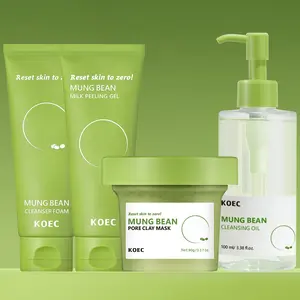 Mung Bean Set:Milk Peeling Gel+Cleansing Oil+Pore Clay mask+Cleansing Foam, Wash Off Set for Blackhead & Whitehead Care, Skin Care Set, Skin Kit