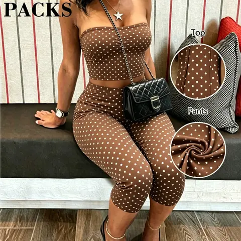 2 Piece Retro Vintage Polka Dot Matching Clothing Set, Strapless Busty Bodycon, Classic Print, French Chic Style, Versatile for Daily Wear, Dates, Parties