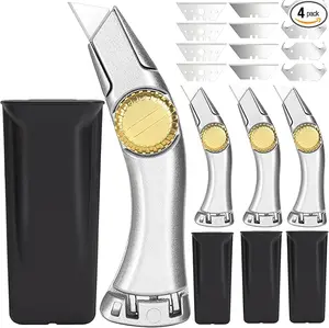 4 Pcs Fixed Type Steel Utility Knives - Heavy-Duty Roofer's Tools with Secure Lock, 3 Types of Replacement Blades, Indoor/Outdoor Carpet Cutter for Roofing Tasks