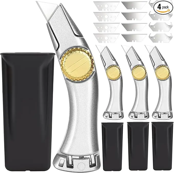 4 Pcs Fixed-Type Carbon Steel Angle-Blade Utility Knives for Adults - Heavy-Duty Roofer's Plastic-Body Tools with Secure Lock, 2-3 In Blades, 3 Different Designs, Carpet Cutter for Roofing, Indoor/Outdoor Use, 2-3 Inches