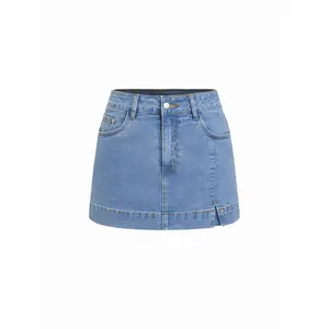 Cider Washed Denim High Rise Slim Leggings Micro Shorts with Metal Detail