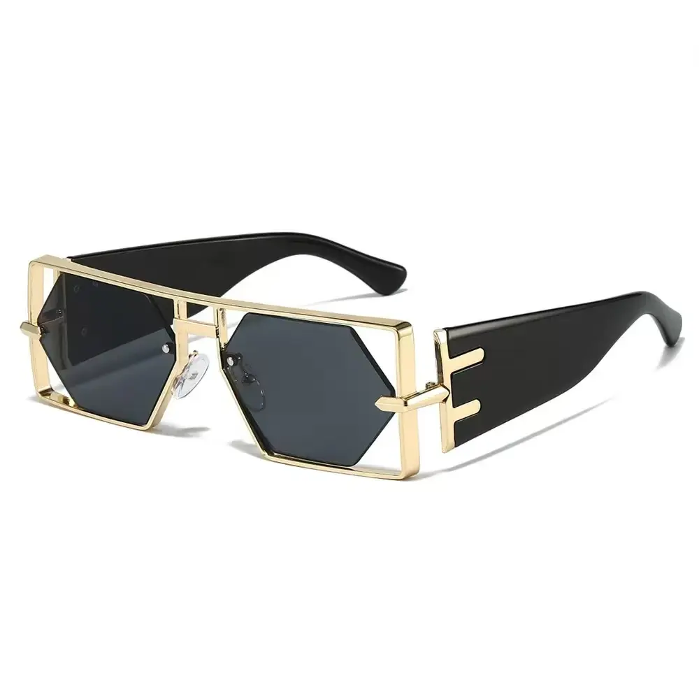 Geometric Hexagon Hollow Metal Sunglasses Unisex, Trendy Cutout Frame UV400 Street Fashion Sun Shades
