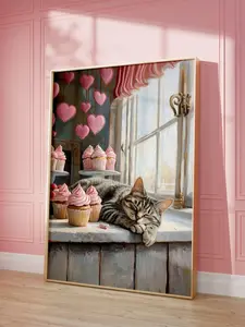 [UNFRAMED POSTER] Tabby Cat and Cupcakes Valentine's Day Poster, Valentine Cat Lover Gift, Cat Lover Wall Art, Cute Kitty Print, UNFRAMED