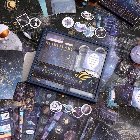 Starry Sky Journal Kit, 1 Set Vintage Scrapbooking Set Scrapbooking Supplies Scrapbook Materials with Decorative Elements, Washi Tapes & Stickers, Sticker Packs, Ideal for Gift Making, Creative Journaling, DIY Art Projects, Crafts