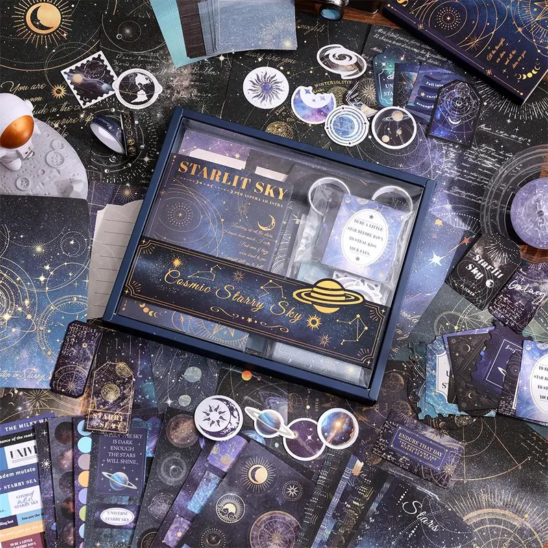 Starry Sky Journal Kit, 1 Set Vintage Scrapbooking Set Scrapbooking Supplies Scrapbook Materials with Decorative Elements, Washi Tapes & Stickers, Sticker Packs, Ideal for Gift Making, Creative Journaling, DIY Art Projects, Crafts