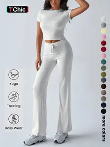 Women's Solid Short Sleeve Two-piece Set, Casual Round Neck Crop Tee & Drawstring High Waist Trousers for Daily Wear, Ladies Summer Clothes