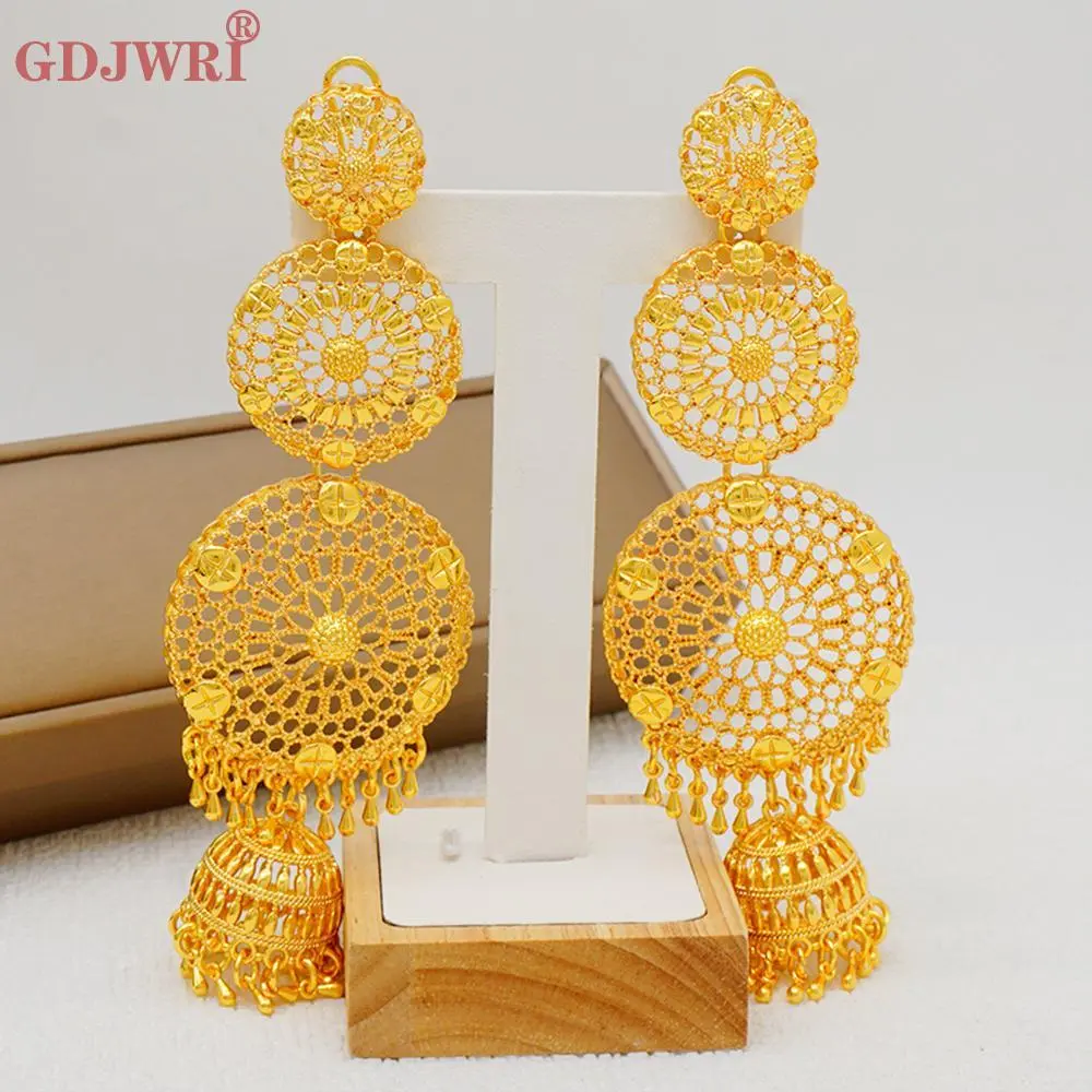Women's Nigerian Big Drop Earrings - Dubai Gold Color, Long Tassels, Ethnic Copper Design - Hawaiian Female Wedding Party Jewelry Gift