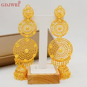 Women's Nigerian Big Drop Earrings - Dubai Gold Color, Long Tassels, Ethnic Copper Design - Hawaiian Female Wedding Party Jewelry Gift