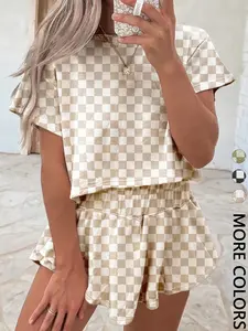Checkered Print Matching Outfit: Short Sleeve Crop Top & Ruffle Shorts for Women
