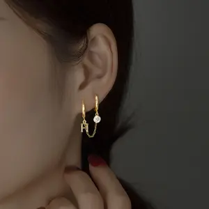 14k gold plated personalized H letter double ear pierced earrings for women, hip-hop fashion chain earrings, unique and unrestrained jewelry