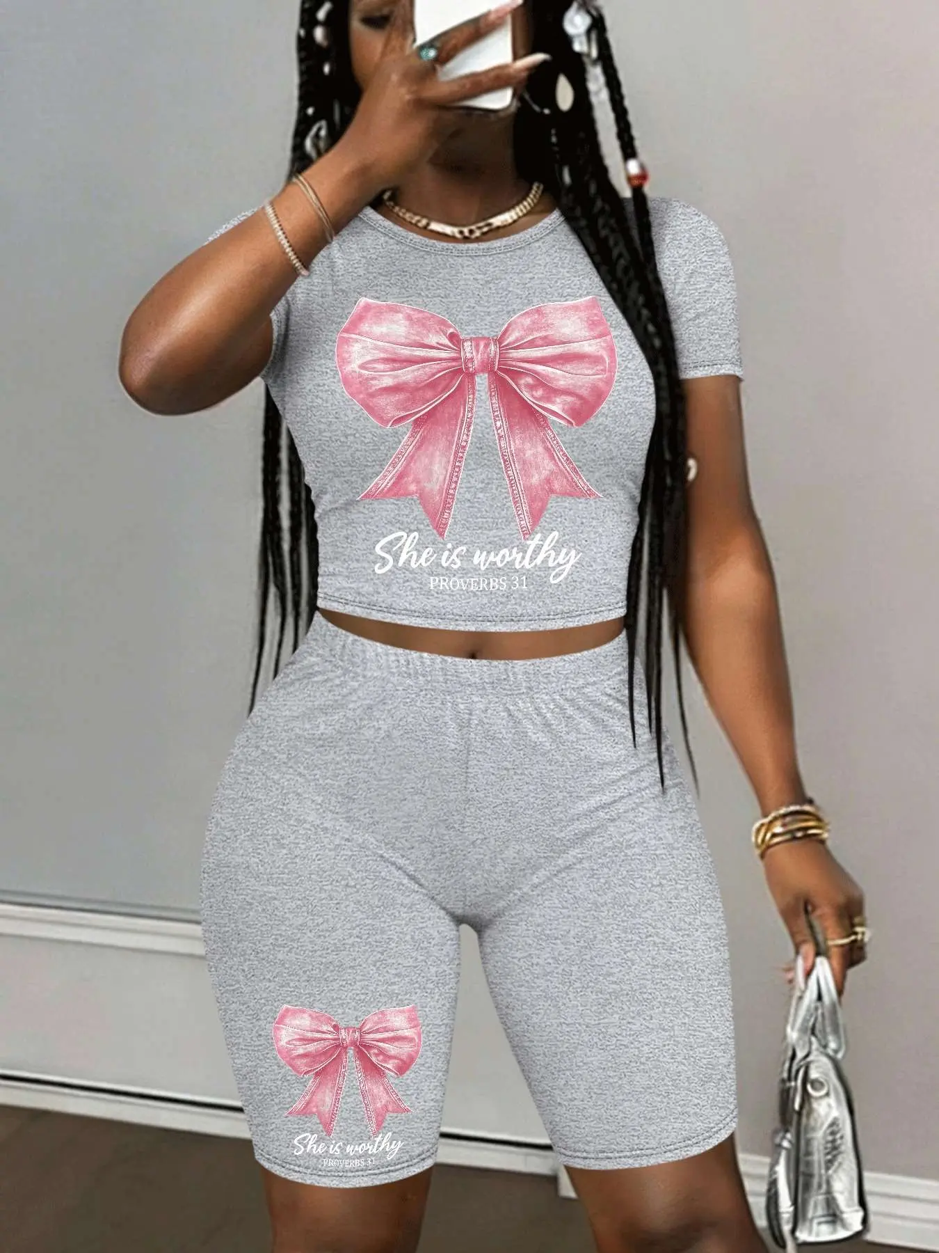 Personalized print patterns Two-Piece Set Women's Lip Print Short Sleeve Crop Top & Skinny Jumpsuit, Casual Fashion Style Cozy Round Neck Tee & Jumpsuit for Daily Everyday Outdoor Wear, Ladies Clothes for Spring, Overalls Summer Womenswear Fit
