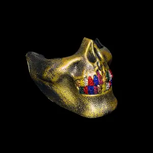 Vintage Gold Half Skull Mask With Blinged Out Multi Colour Royal Mix Luxe Crystal Grillz
