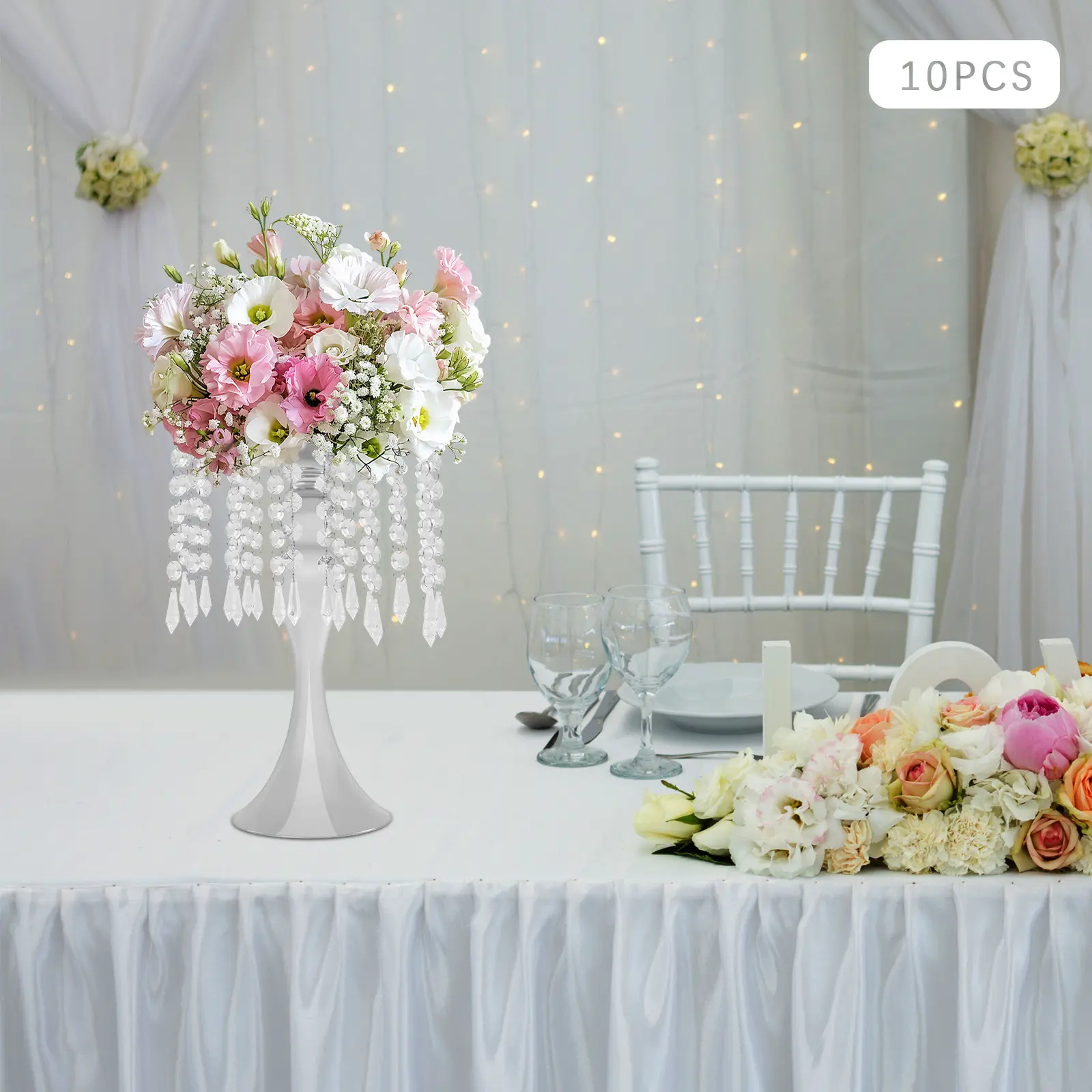 10-Pack Modern Acrylic & Iron Tabletop Bouquet Stands with Round Base for Wedding, Garden, Entryway Display