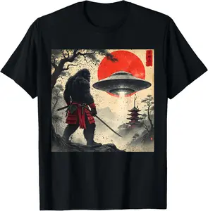 Samurai Bigfoot Japanese UFO Vintage Graphic Ukiyo-e Art T-Shirt Pure Cotton Graphic Tees Menswear Top: Gifts for Men & Women