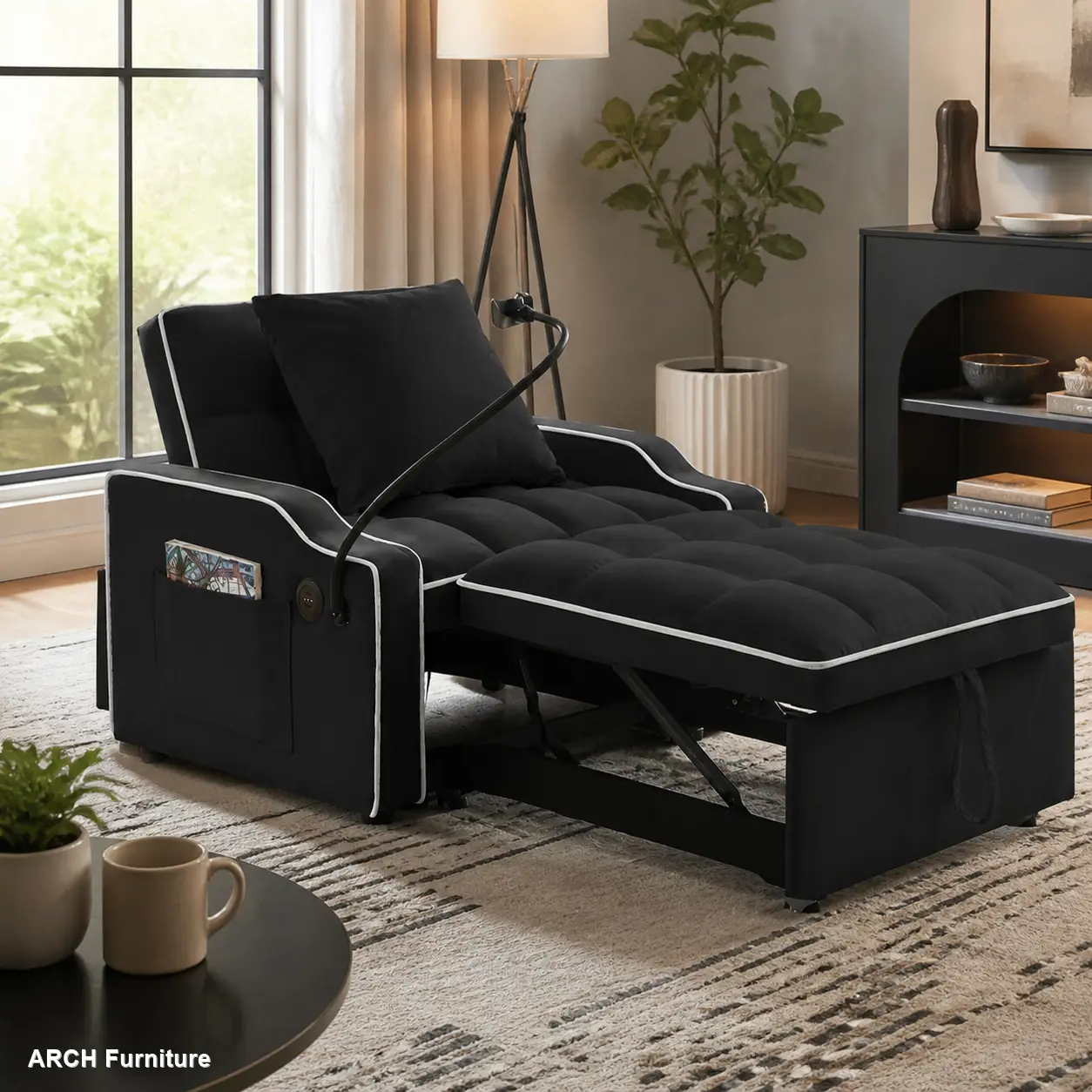 3-in-1 Convertible Velvet Arch Sleeper Sofa Chair Bed - Pull-Out Sleeper Couch, Adjustable Backrest, Recliner Angles, Phone Holder, USB/Type-C Charging, Quick Setup, Small Space Indoor Furniture for Living Room, Studio Apartment