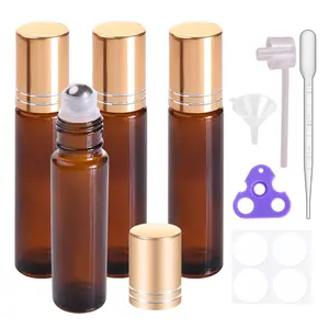 The Brand New 4 Pack, 10 ml Essential Oil Roller Dispenser Bottle with Stainless Steel Roller Ball - Refillable Leak-proof Empty Thick Amber Glass Roll on Bottles with Metal Caps for Travel, Perfume, Makeup Bottles