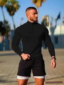 Men's Fashionable Long Sleeve Zipper Stand Collar Top, Quick-Dry Yoga Shirt, Outdoor Running Training Slim Fit Elastane Base Layer Tee, Gym Workout Tee, Sports Tops