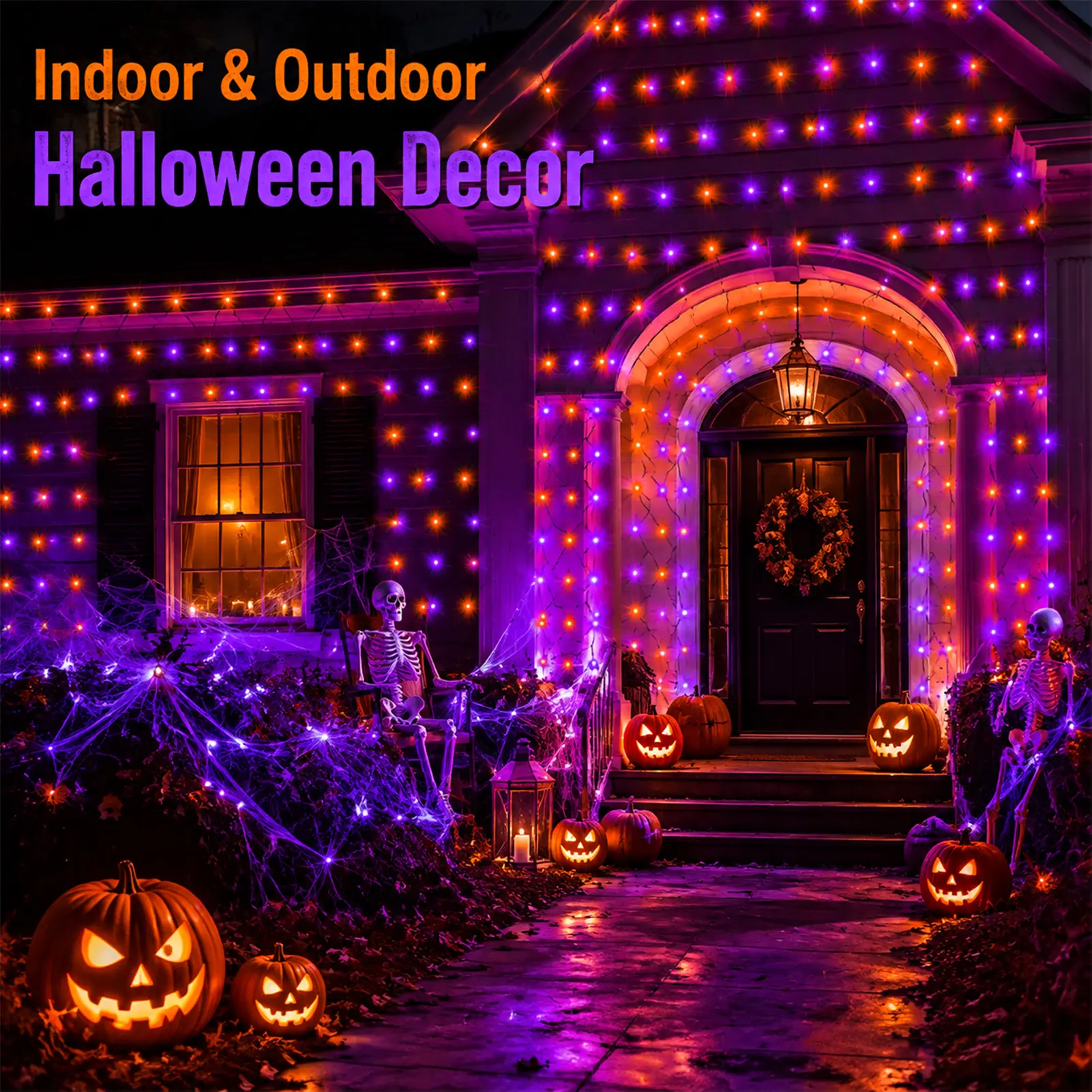 Halloween Net Lights, 200-LED 3×2M Purple & Orange Mesh Lights with 8 Lighting Modes, Timer, Low-Voltage Black Wire for Bushes, Porch Festive Decorations