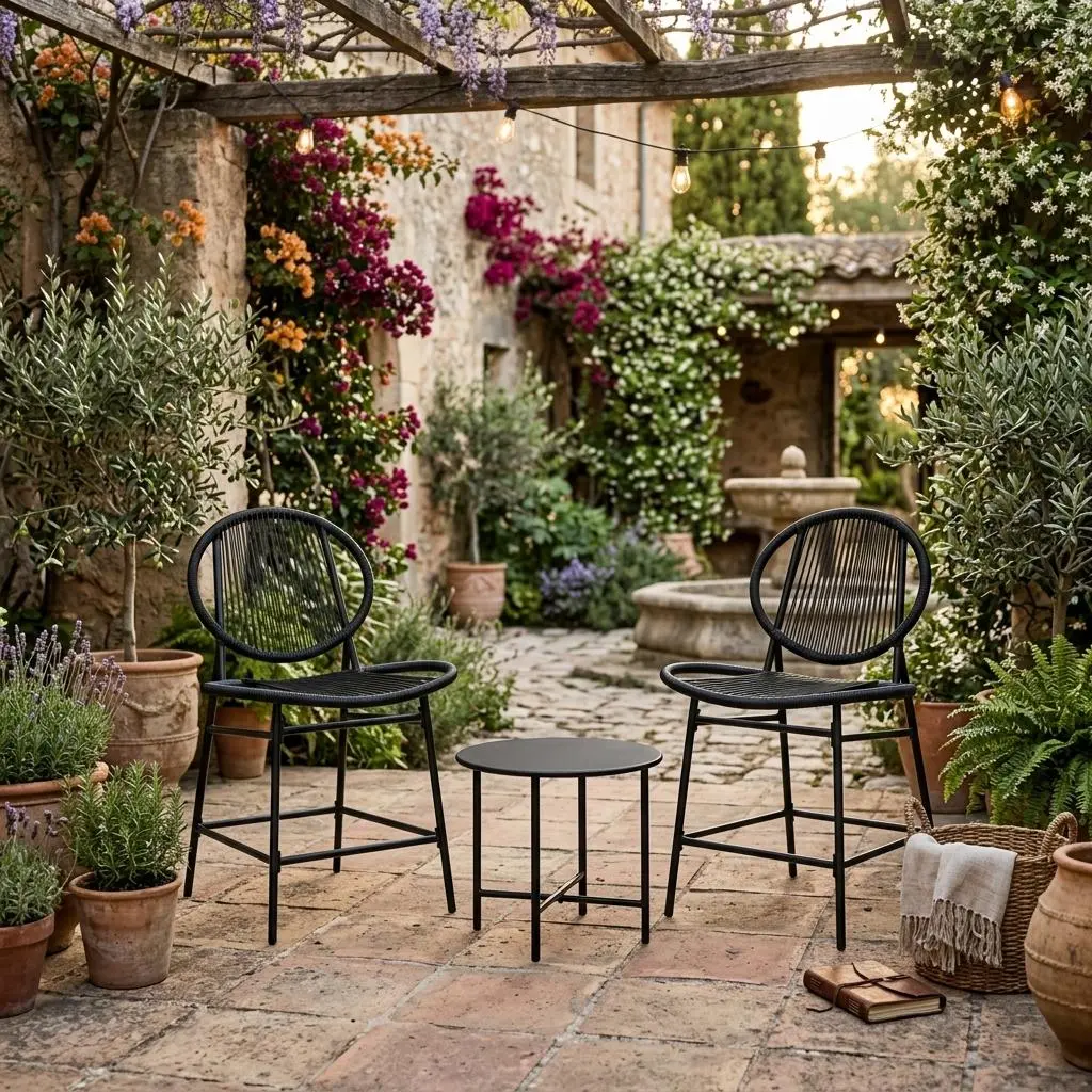 3 Piece Patio Bistro Set with 2 Chairs and Small Table Acapulco Modern Rattan Furniture Set for Patio Garden Balcony Black