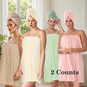 2Pcs Wearable Bath Towel & Hair Drying Cap Set - Spring Summer Custom! Cute Bowtie Detail, Soft Women’s Shower Skirt. Wrap Style Towel Robe with Adjustable Fit, Perfect for Home Relaxation & Travel