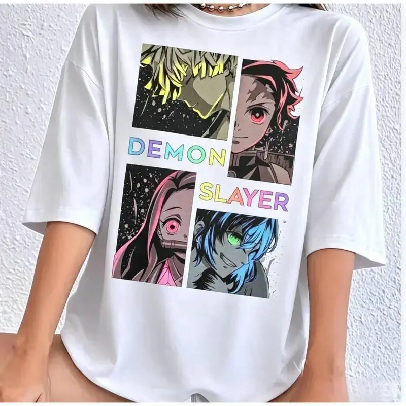 Demon Slayer Colorful Graphic T-Shirt - Unisex Tanjiro Nezuko Manga Panel Cotton Tee, Casual Trendy Anime Short Sleeve Crewneck Top, Kawaii Otaku Gift