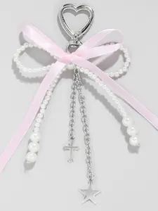 Kawaii Korean Simple Sweet Faux Pearl Ribbon Cross Star Bow Pendant Keychain, Bag Charm, All Seasons Accessory