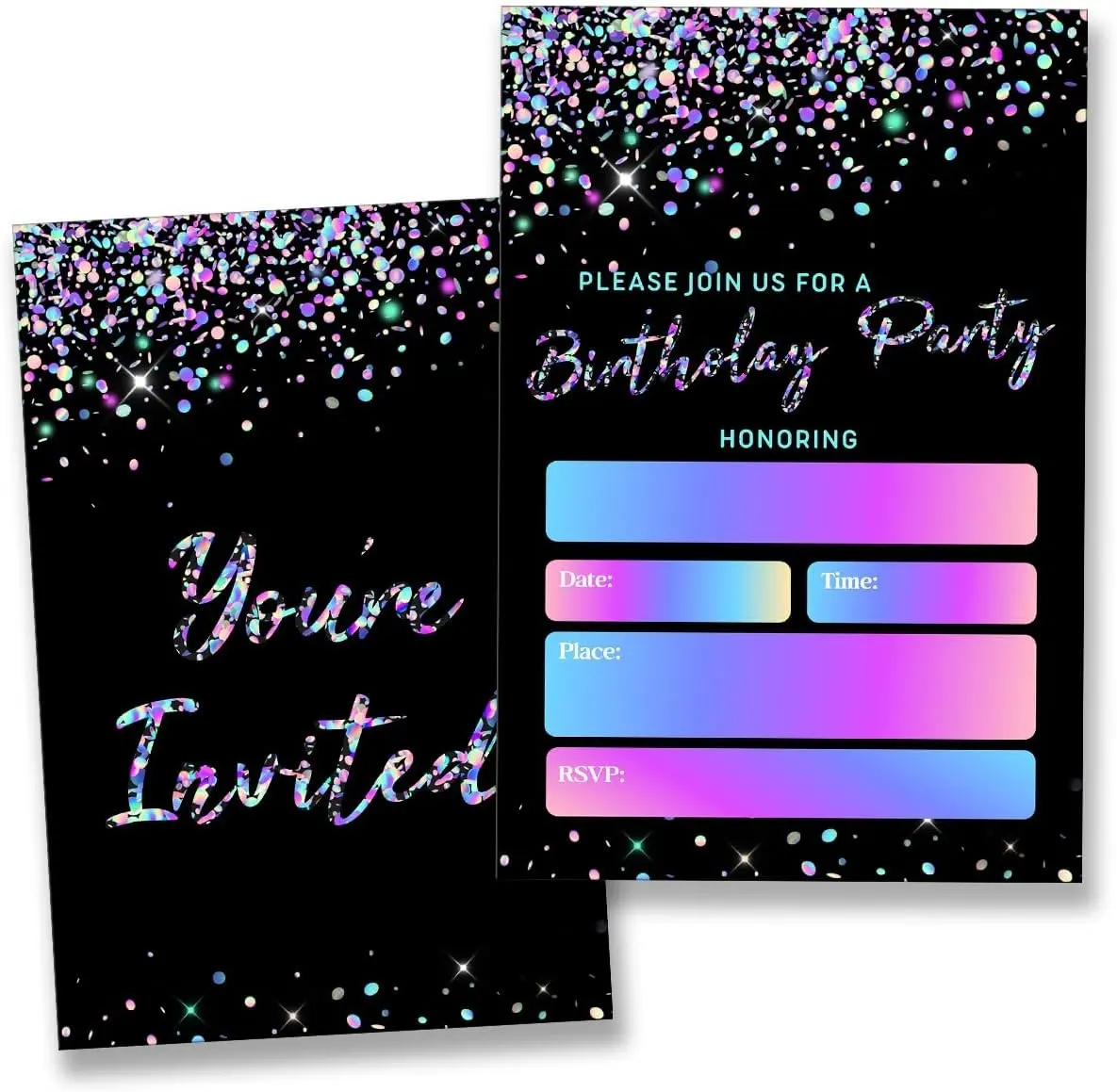 Glitter Birthday Party Invitations for Boys Girls Black Birthday Celebration Party Invites (20 Cards with Envelopes) Double Sided Design