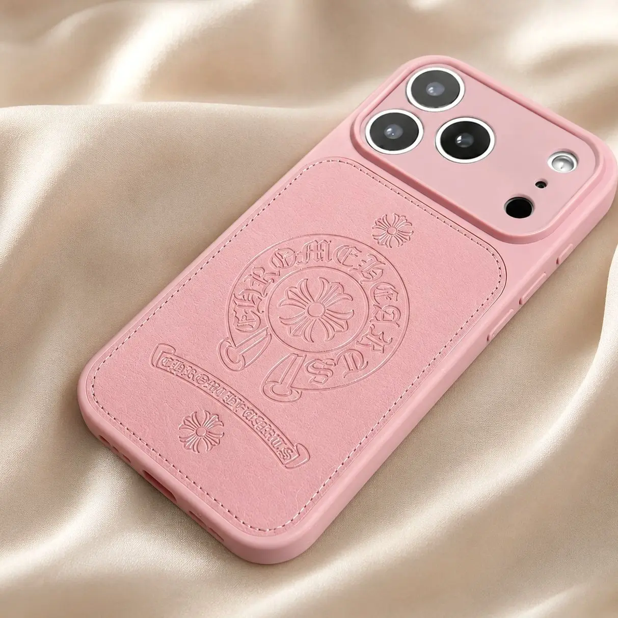 Pink Gothic Cross Phone Case Embossed Faux Leather iPhone Cover Y2K Aesthetic Pastel Goth Gift For Her Trendy Alt Girl Custom Case