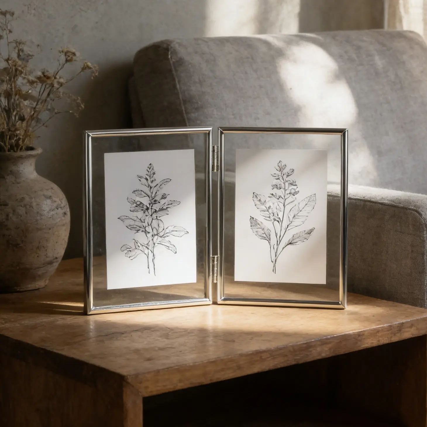 Elegant Simple Minimalist Silver Color Foldable Dual Transparent Glass Metal Frame, Wedding Photo Display Stand, 4x6 5x7 6x8 8x10 Inches, Clean and Fresh Look