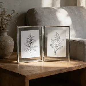 Elegant Simple Minimalist Silver Color Foldable Dual Transparent Glass Metal Frame, Photo Display Stand, 4x6 5x7 6x8 8x10 Inches, Clean and Fresh Look